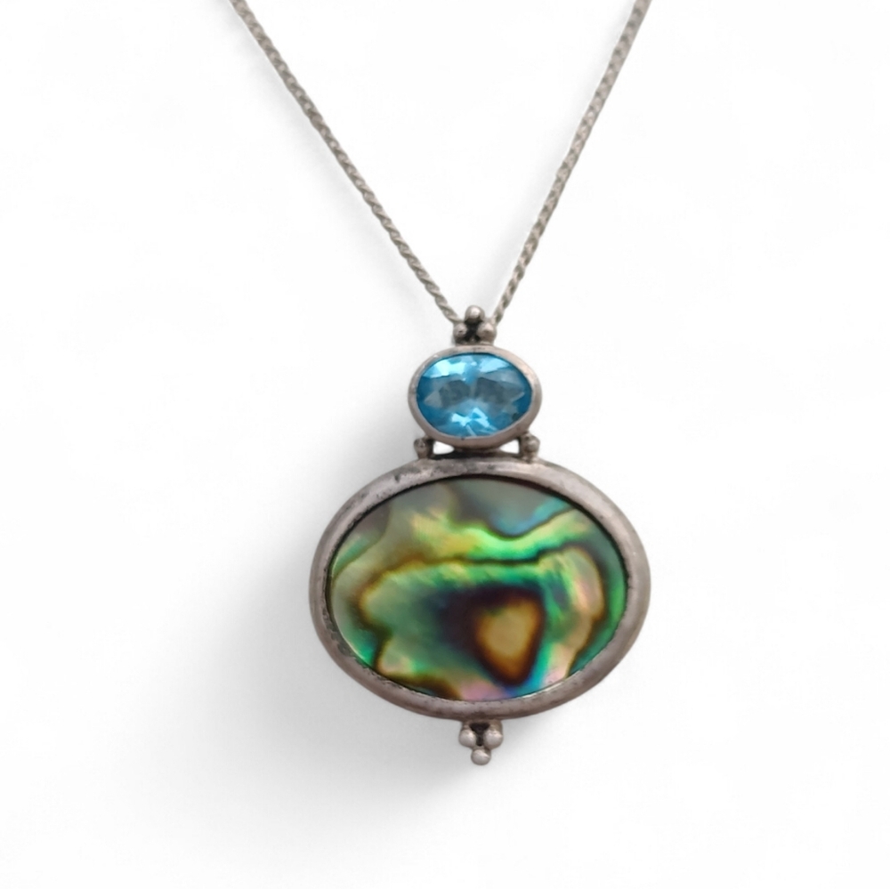 Vintage Sterling Silver Blue Topaz And Abalone Shell Pendant Necklace